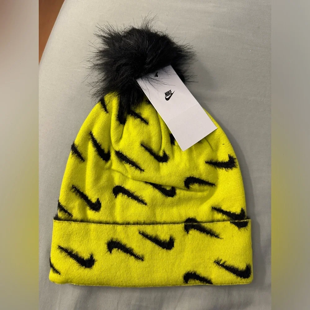 Nike Boys Faux Fir Pom Pom Beanie in Black and Neon Yellow
